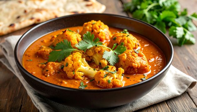 Cauliflower curry in a dark bowl on wood, with naan bread and cilantro garnish