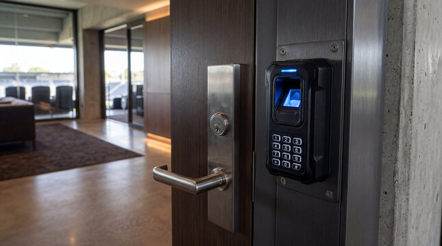 Detailed macro shot of generic biometric security scanner at vacant arena corporate gate main entrance.