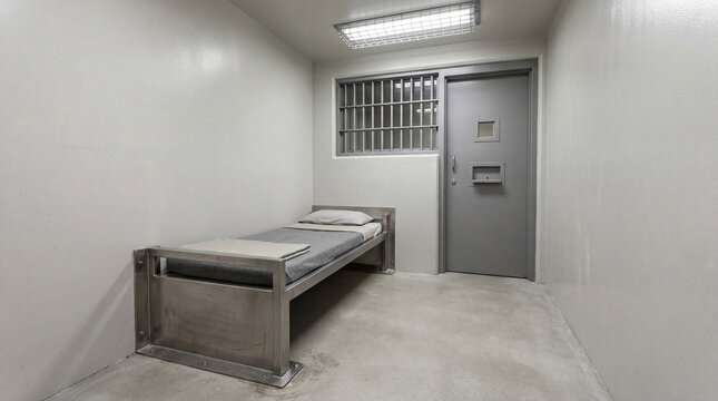 Minimalist interior design of correctional facility dry cell holding room without any plumbing pipes visible