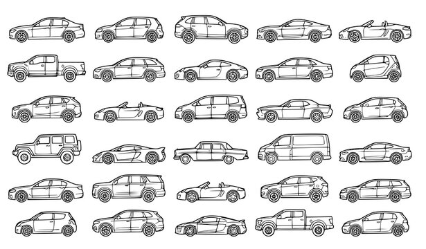 Modern Car Outline Silhouette Vector Set with Electric Sports and Utility Vehicles