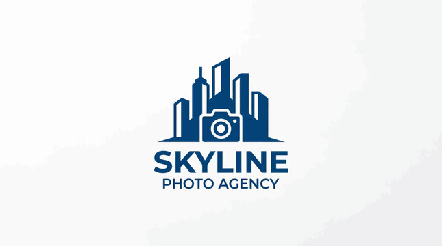 City skyline graphic with camera emblem for photo agency