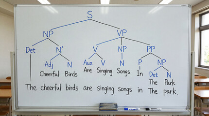 Naklejka premium Educational English Grammar Sentence Structure Tree Diagram Drawn On A Bright Well Lit Classroom Whiteboard