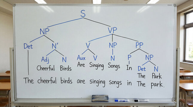 Educational English Grammar Sentence Structure Tree Diagram Drawn On A Bright Well Lit Classroom Whiteboard