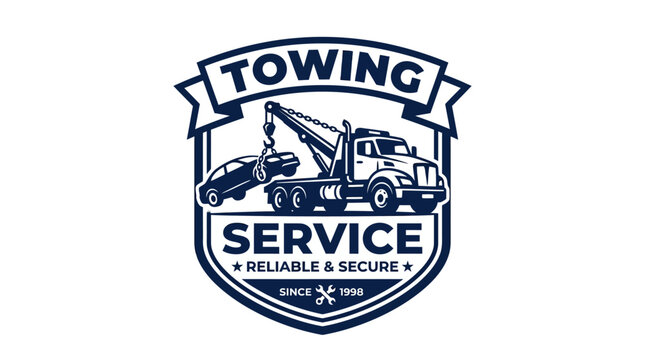Towing service emblem featuring a tow truck lifting a car, vector illustration.