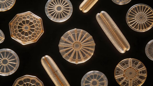 Microscopic View of Assorted Diatom Frustules with Intricate Geometric Silica Patterns on a Black Field
