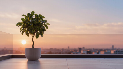 Fototapeta premium Potted Plant on Modern Balcony with City Sunset View
