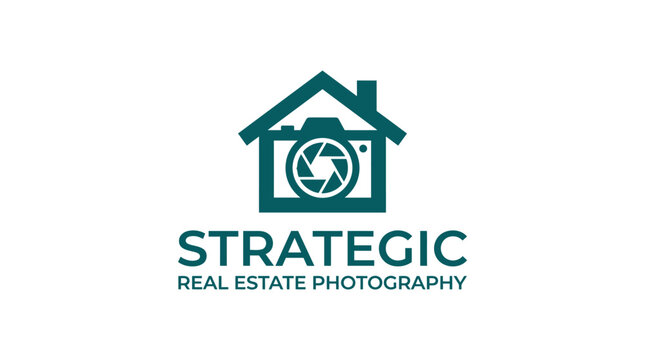 Real estate photography logo with house and camera elements, flat vector design