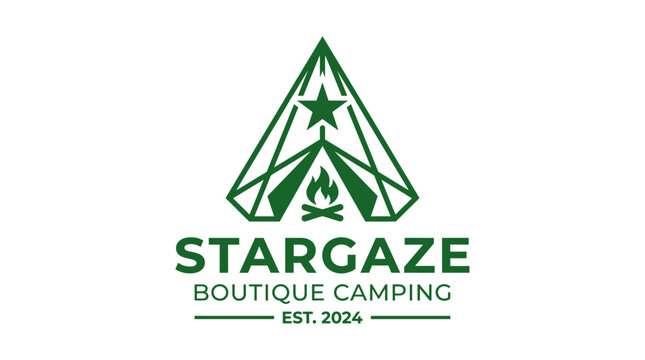 Tent and campfire logo, abstract geometric design, outdoor camping concept