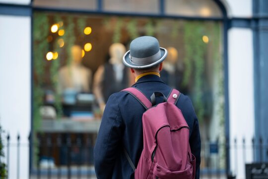 Man with backpack walking in city