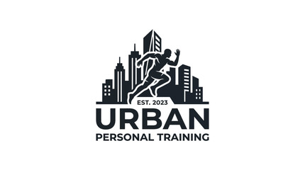 Obraz premium Urban runner silhouette against city skyline, personal training logo concept