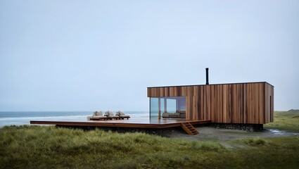 Obraz premium Ultra Minimalist Coastal Dune Pavilion With Warm Vertical Timber Batten Cladding, Cantilevered Deck And Silver Ocean Horizon Beneath Vast Overcast Sky (AI-Generated)