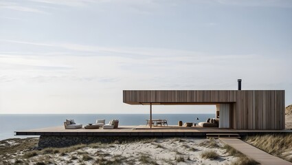 Obraz premium Ultra Minimalist Coastal Dune Pavilion With Warm Vertical Timber Batten Cladding, Cantilevered Deck And Silver Ocean Horizon Beneath Vast Overcast Sky (AI-Generated)