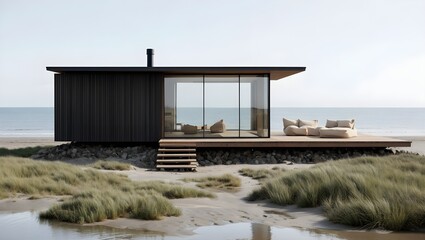 Fototapeta premium Ultra Minimalist Coastal Dune Pavilion With Warm Vertical Timber Batten Cladding, Cantilevered Deck And Silver Ocean Horizon Beneath Vast Overcast Sky (AI-Generated)