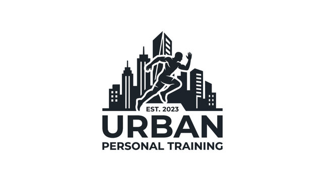 Urban runner silhouette against city skyline, personal training logo concept