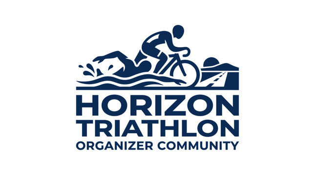 Triathlon event logo with swimmer, cyclist, and runner graphic elements