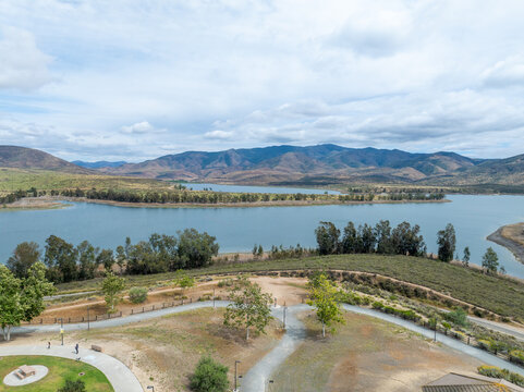 Aerial view of Otay Lakes County Park in Chula Vista, California, a scenic view of a mountain range, the lake. High quality photo