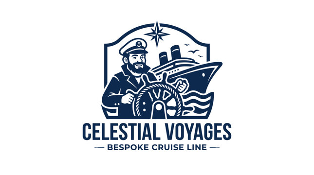 Nautical captain at helm of cruise ship, vintage logo design