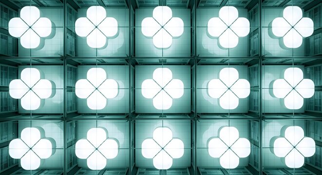 Abstract geometric ceiling lights arranged in a symmetrical grid pattern