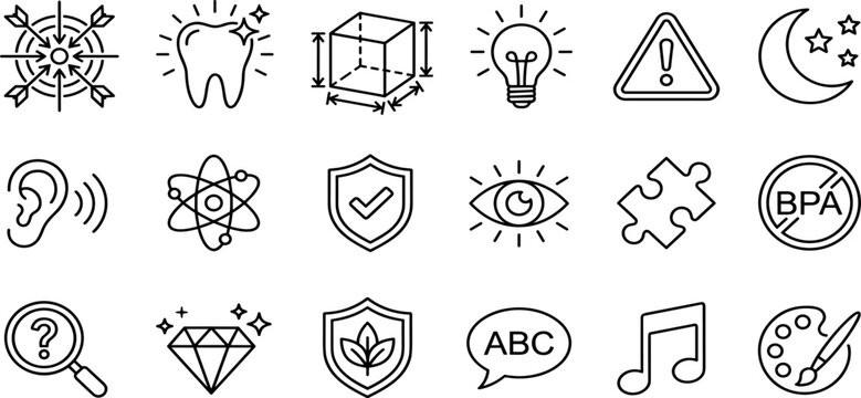 Product specification and universal web line icon set featuring dental care, eco safety shields, science and creative outline vectors