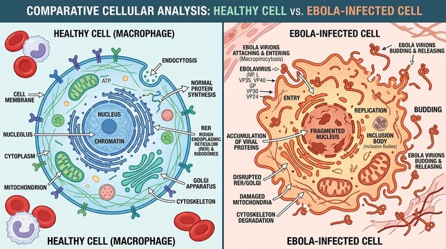 Editable illustration compares healthy and ebola-infected cell structures in detail
