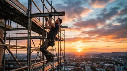 Naklejka premium Muscular construction worker doing pull ups on building scaffolding at sunset