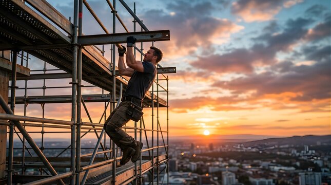 Muscular construction worker doing pull ups on building scaffolding at sunset
