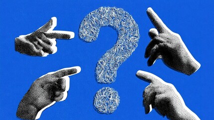 Naklejka premium Eye-catching graphic with swirl lined white detailed question mark on solid blue backdrop, three halftone black-white outlined cutout hands guiding focus toward central query icon