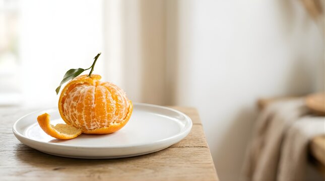 Peeled fresh mandarin orange on a white ceramic plate in a bright room