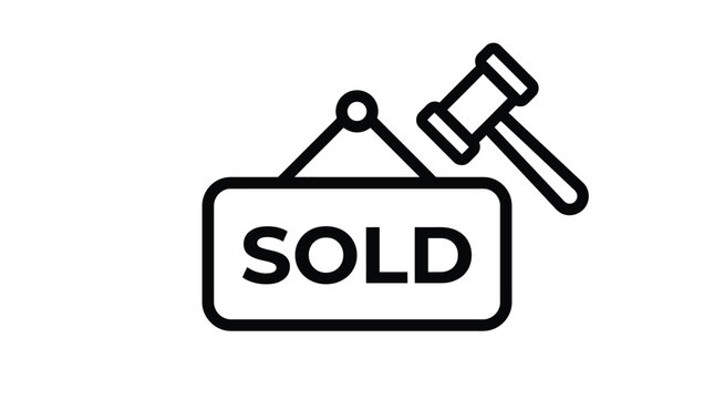 Minimalist black outline icon featuring a hanging sold sign accompanied by a wooden auction gavel representing successful business transactions and final property bidding results today now
