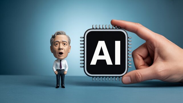 Shocked bobblehead businessman stares at a giant AI microchip held by a hand