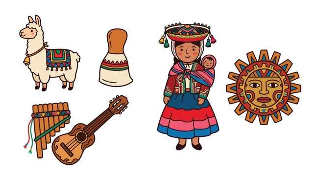 Collection of traditional Andean cultural elements including a llama, musical instruments, a woman in traditional dress, and an Inca sun symbol.