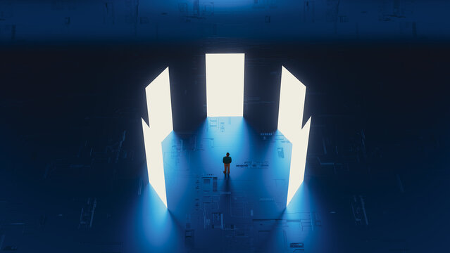 Silhouette of a man stepping through a portal in a tech setting