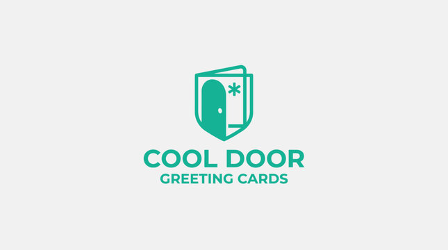 Green shield logo with open door and asterisk graphic element