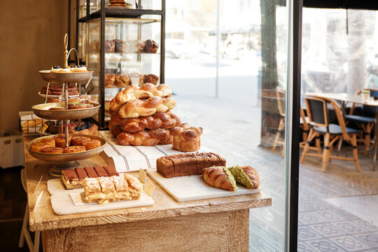 assortment of pastries on a bakery