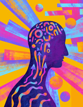 An abstract silhouette shows colorful creative shapes