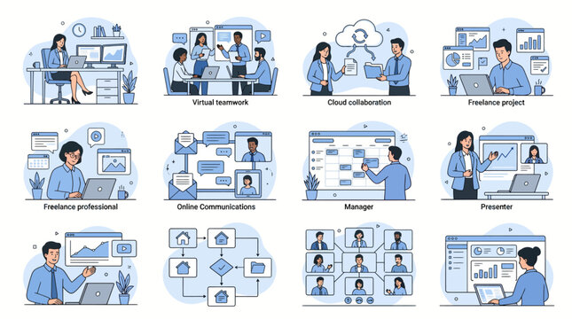 Freelance professionals working remotely with virtual teamwork and online communications