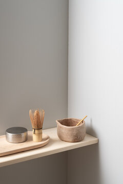 Minimal Tea Ceremony Objects on Wooden Shelf