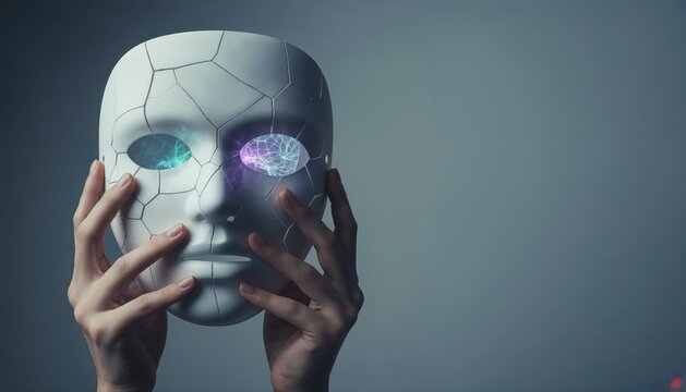 The Fragmented Mind: A cracked, mask-like face reveals a glowing brain and circuitry, symbolizing the intersection of humanity and artificial intelligence, with a touch of mystery and introspection.