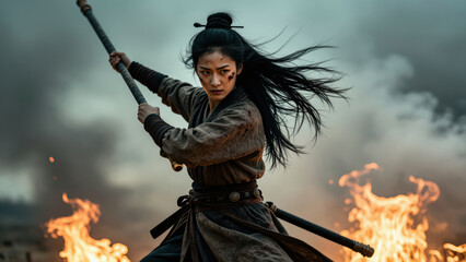Obraz premium Warrior Woman's Stand: A determined female warrior, clad in traditional attire, wields a staff with fierce resolve amidst a dramatic backdrop of fire and smoke, embodying strength and combat prowess.