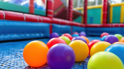 Naklejka premium Colorful Play Balls in an Inflatable Bounce House Playground Filled with Soft Flooring and Bright Background