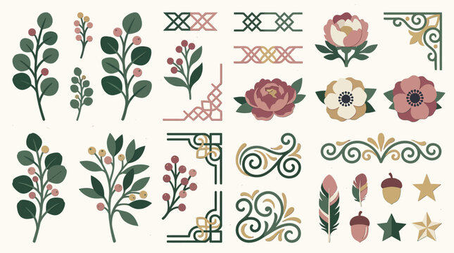 A collection of vintage-style botanical illustrations, ornate borders, floral designs, and decorative elements including leaves, berries, flowers, scrolls, feathers, acorns, and stars.