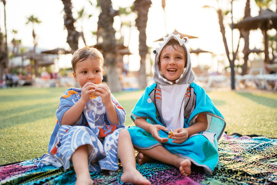 Happy brothers enjoying snack time during summer vacation