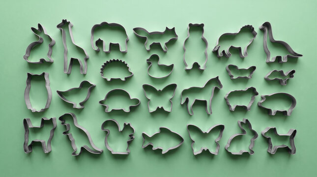 A variety of metal animal cookie cutters arranged on a pastel green background in a grid pattern.