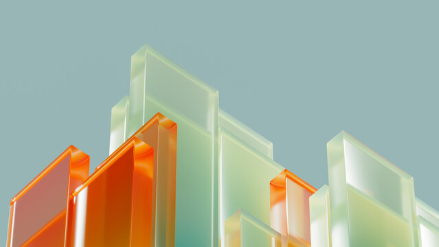 Bright geometric glass blocks stand upright against a soft background