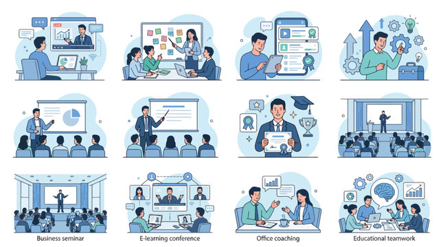 Business training and education illustrations set, various scenes of people learning and developing skills in office and classroom settings
