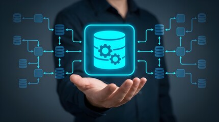 Obraz premium Digital database management system icon glowing brightly above an open hand held by professional person