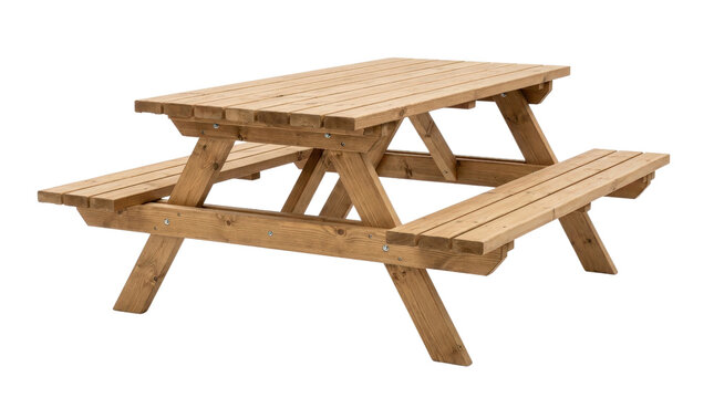 Light wooden picnic table with extended benches outdoor