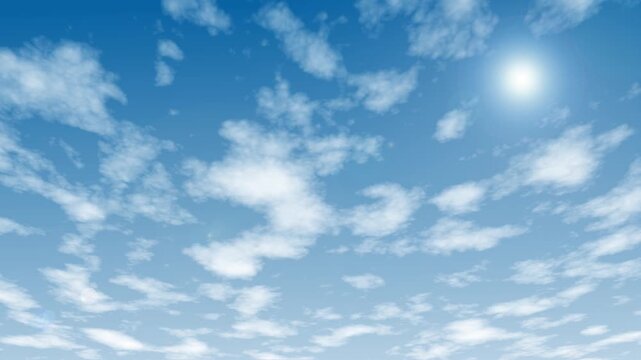 Soft white clouds moving across a bright blue sky, creating a peaceful atmospheric cloudscape ideal for nature scenes, travel videos, presentations and cinematic background projects.