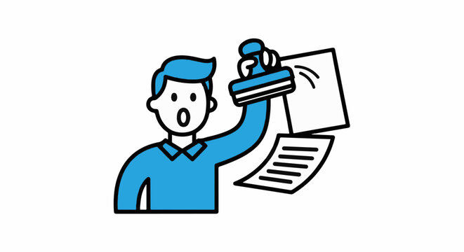 Cartoon man stamping a document with urgency expression.