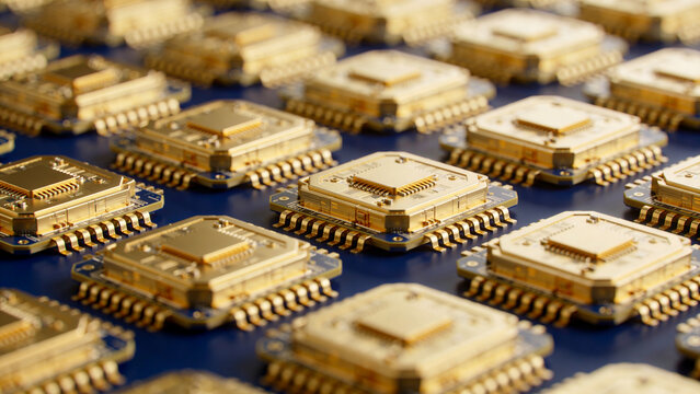 Array of golden computer microchips and processors on blue circuit board background, 3d render